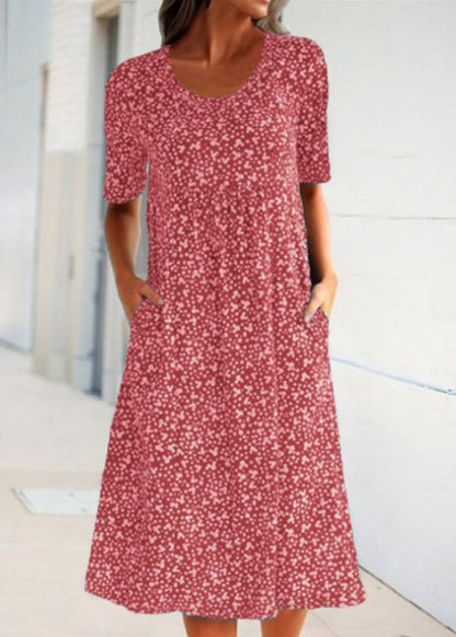 Navy O Neck Print Pockets Cotton Long Dress Summer