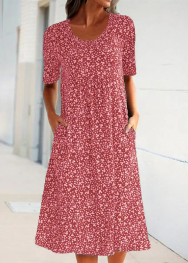 Navy O Neck Print Pockets Cotton Long Dress Summer