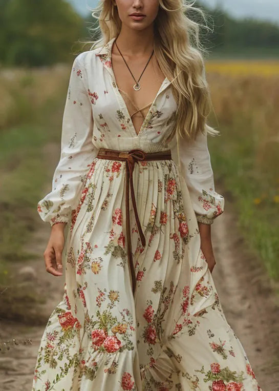 V Neck Print Long Sleeve Pastoral Dress