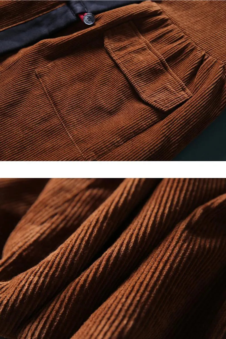 Mid-length Retro Winter Padded Warm Corduroy Coat Hooded Green Trench Coat Corduroy Over Coat