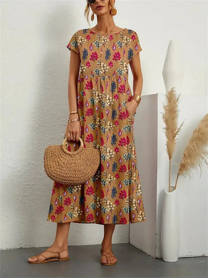 Round Neck Loose Cotton Linen Sleeveless Round Neck Print Dress