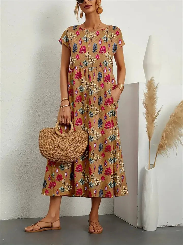 Round Neck Loose Cotton Linen Sleeveless Round Neck Print Dress