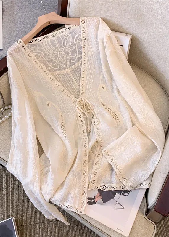 Apricot V Neck Hollow Out Embroidered Lace Cardigans Spring