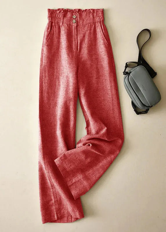 Blue High Waist Button Linen Straigh Pants Summer