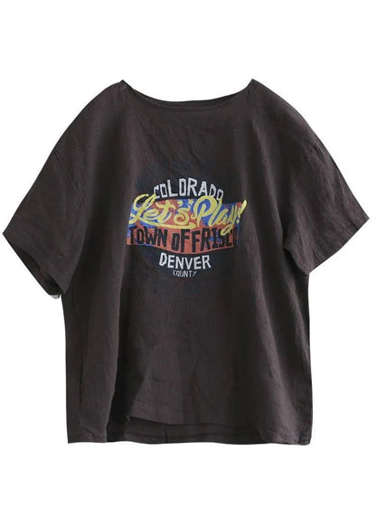 Loose Chocolate O-neck Graphic Linen T-shirt Half Sleeve