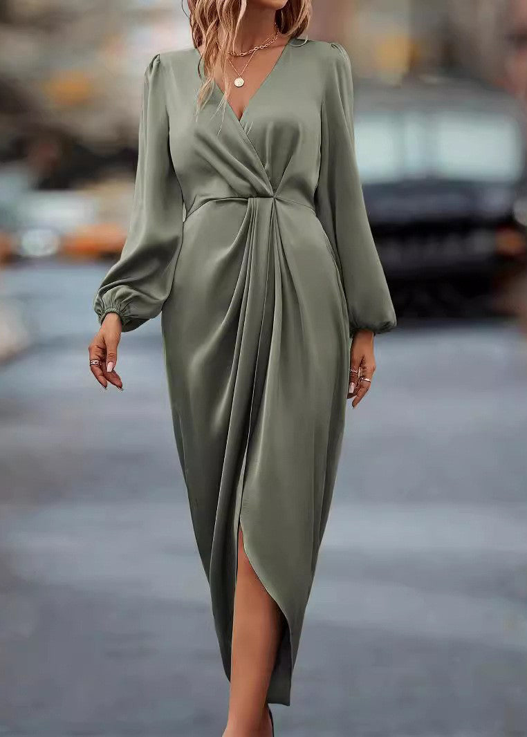 Organic Champagne V Neck Asymmetrical Silk Long Dresses Puff Sleeve