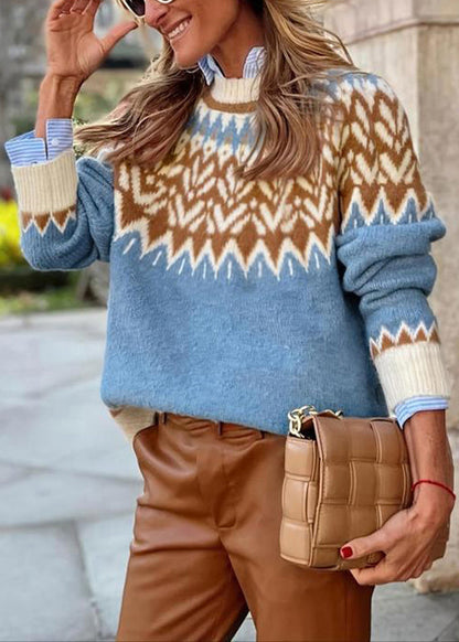 Handmade Brown O Neck Print Knit Sweaters Fall