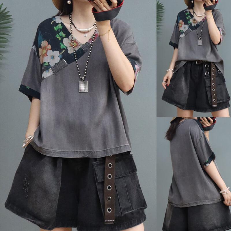 Denim Cotton Linen Stitching V Neck T-shirt