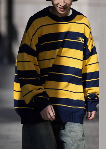 Loose Yellow O Neck Striped Knit Sweaters Winter