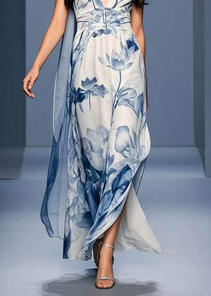Blue Print Side Open Chiffon Sundresses Sleeveless