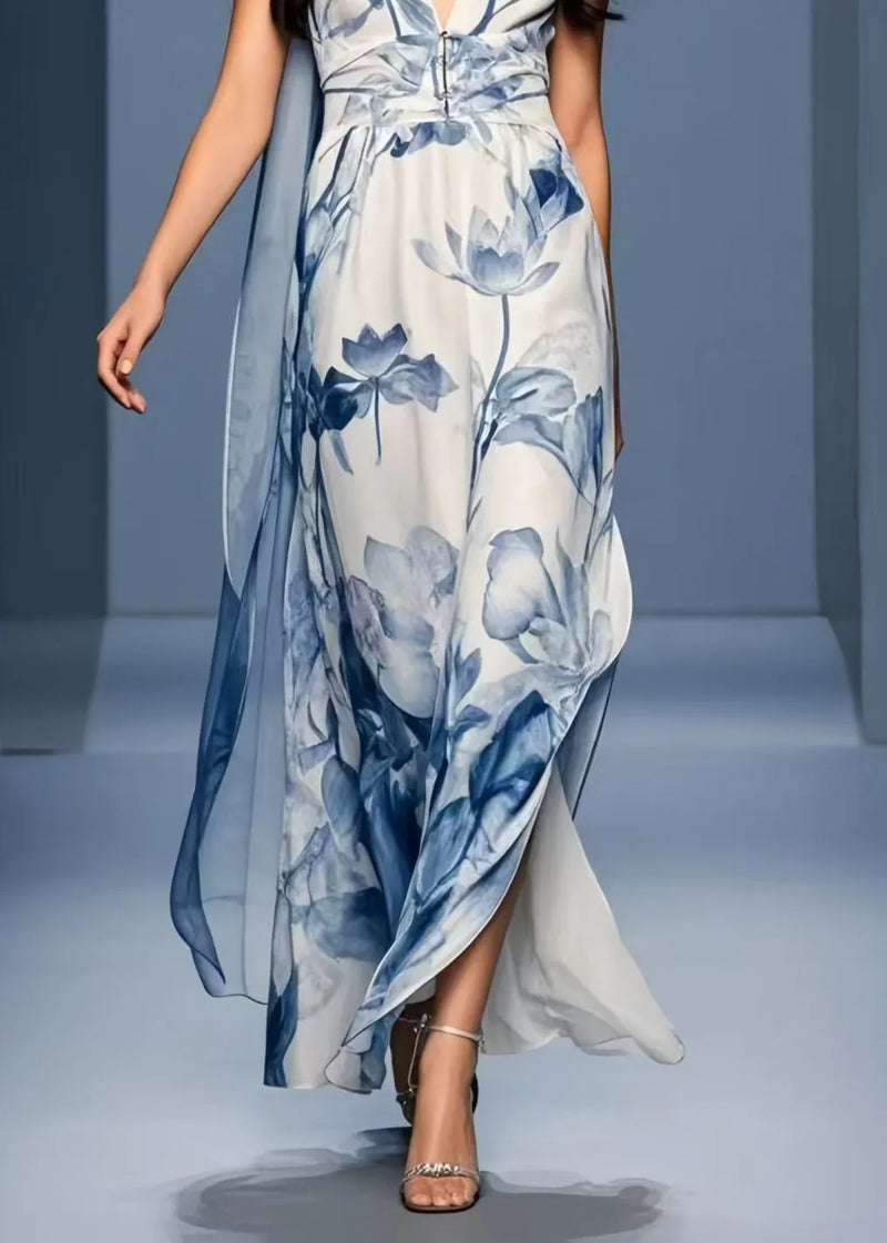 Blue Print Side Open Chiffon Sundresses Sleeveless