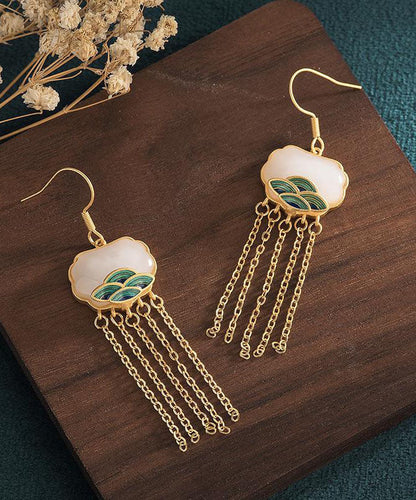 White Ancient Gold Inlaid Jade Enamel Tassel Drop Earrings