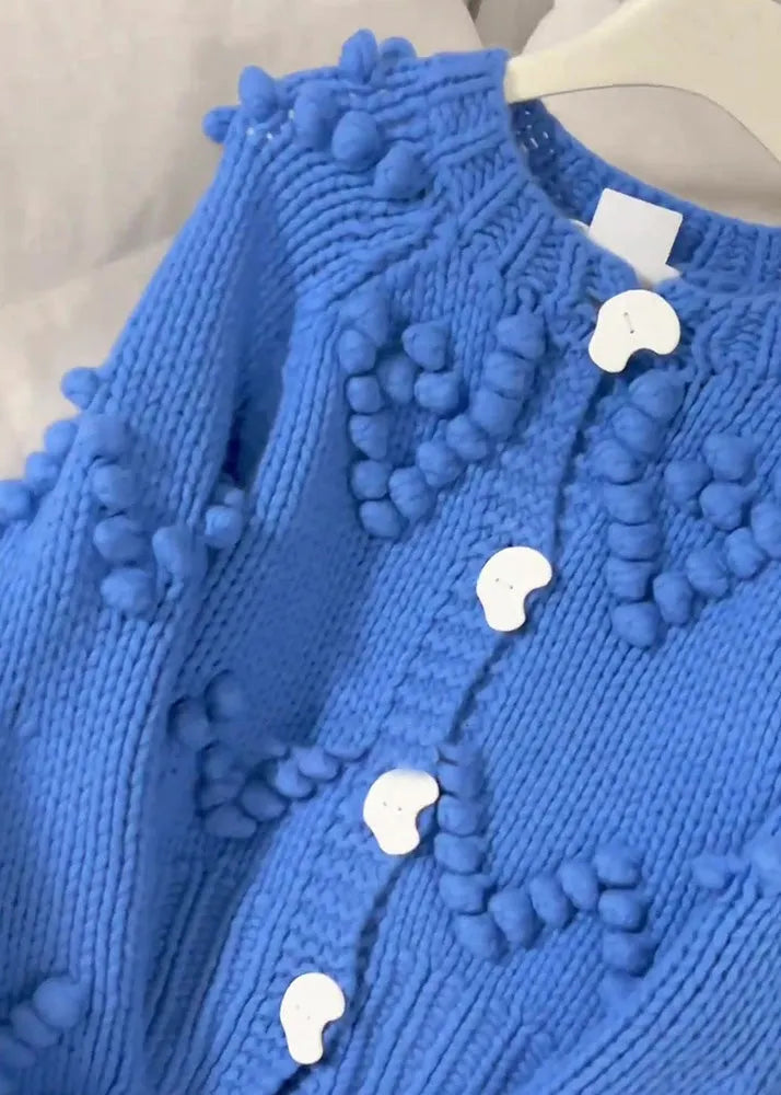 Blue O-neck Button Cotton Knit Cardigan Fall