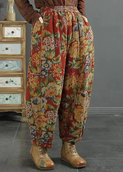 Red Pockets Print Elastic Waist Fine Cotton Filled Pants Winter