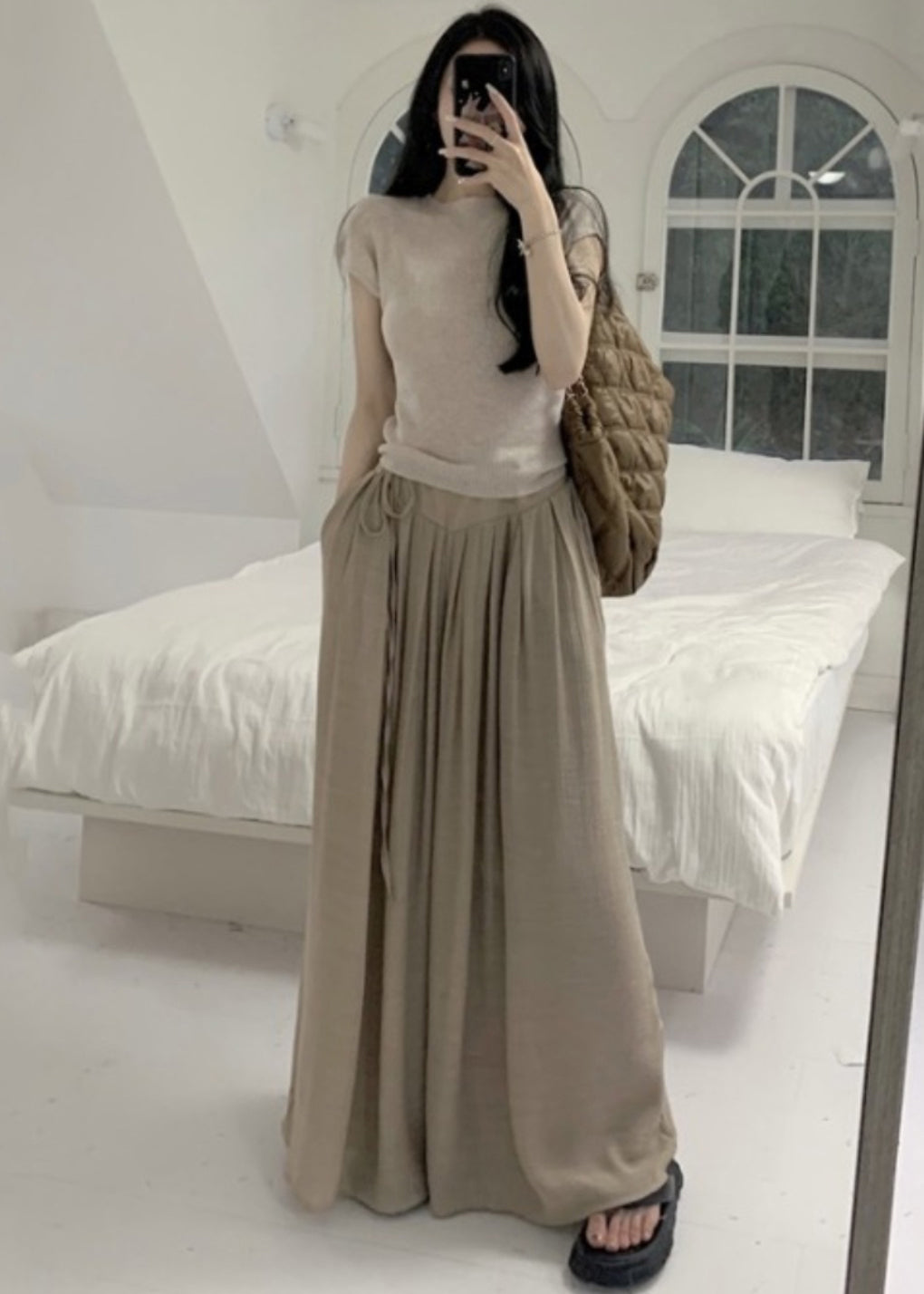 Khaki Silm Fit Tops and Wide Leg Pants Two Pieces Set Summer
