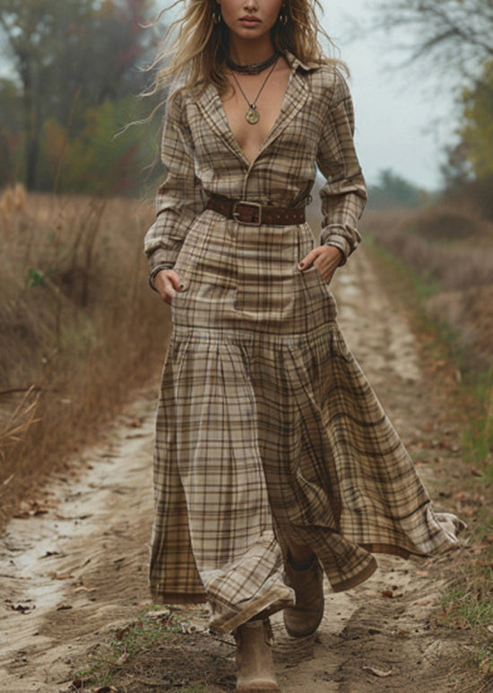 V Neck Plaid Patchwork Cotton Maxi Dress Spring