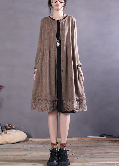 Khaki Button Hollow Out Patchwork Knit Cardigan Spring