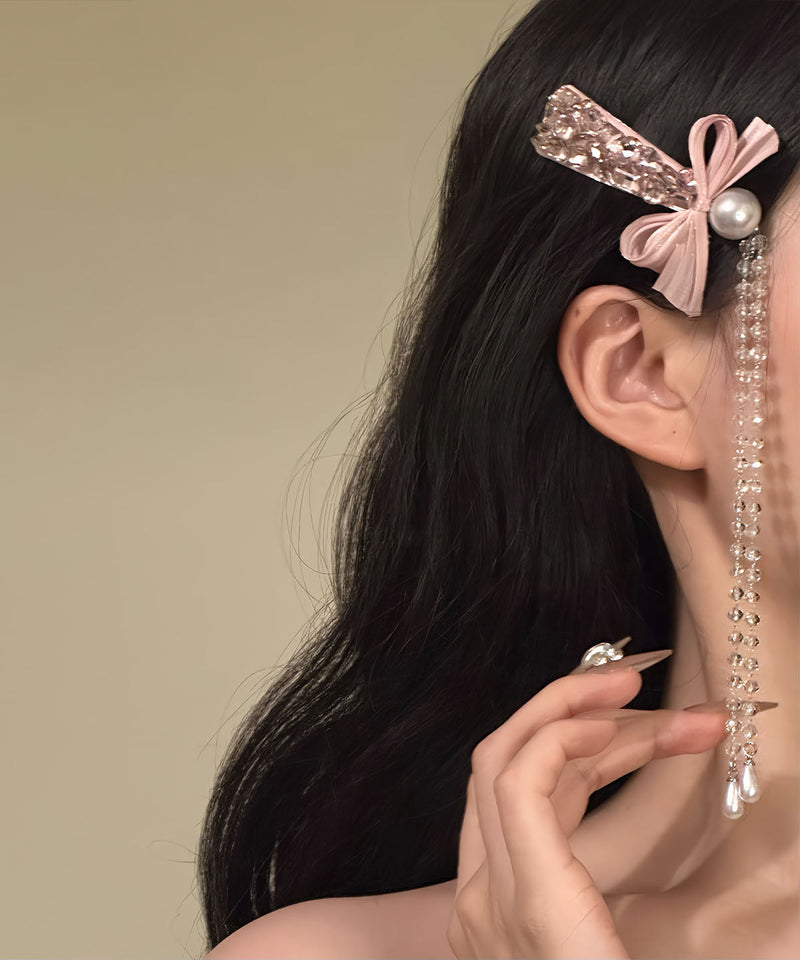Novelty Pink Alloy Bow Zircon Tassel a Pair Hairpin