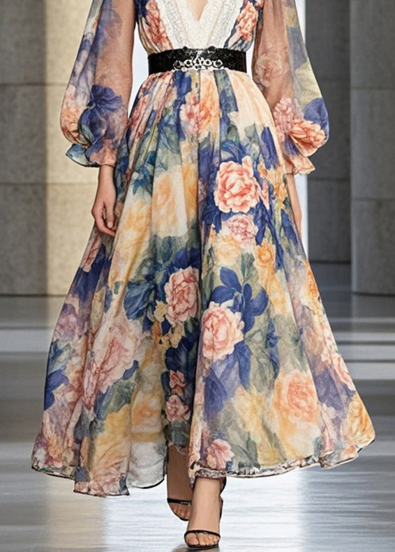Cinched Flower Print Chiffon Holiday Dress Fall