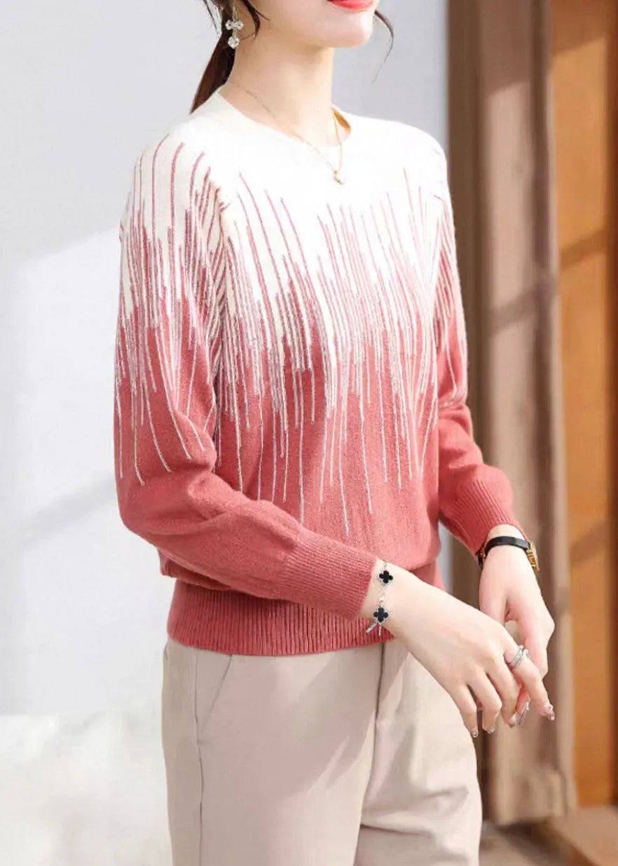 Brick Red Striped Cozy Knit Winter Sweater Tops O Neck