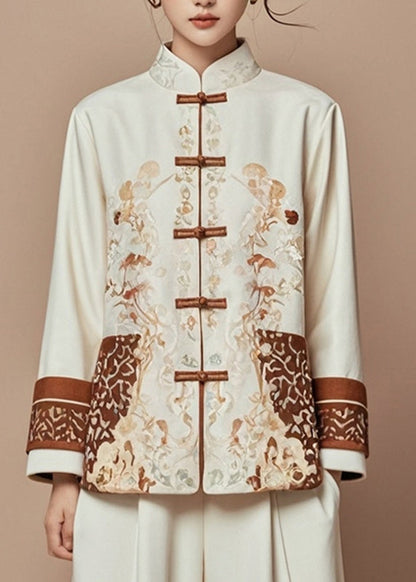 Beige Print Stand Collar Fall Coats