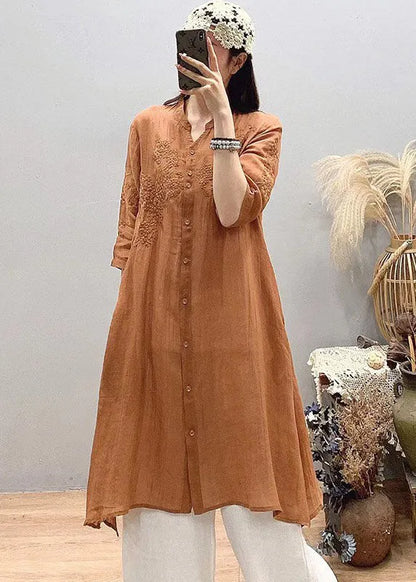 Orange Embroidered Linen Long Shirt Asymmetrical Design Three Quarter Sleeve