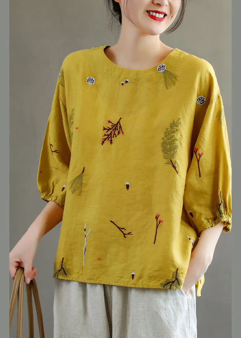 Yellow O-neck Embroidered Linen Tank Top Lantern Sleeve