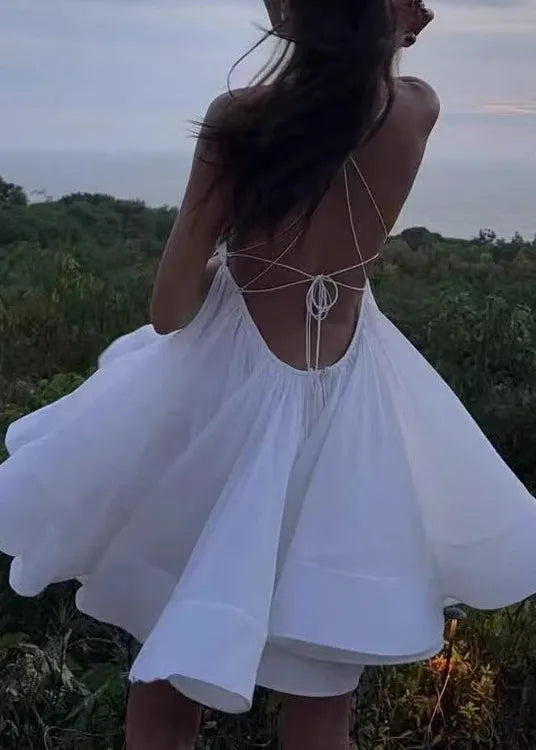 Yellow Backless Lace Up Cotton Dresses Sleeveless