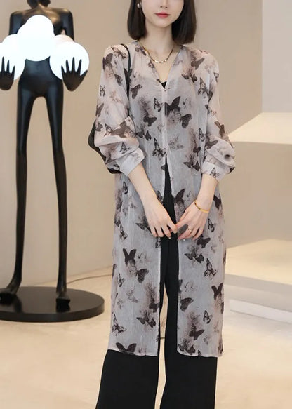 Light Brown V Neck Print Long Cardigan Summer
