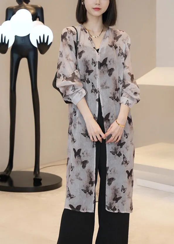 Light Brown V Neck Print Long Cardigan Summer