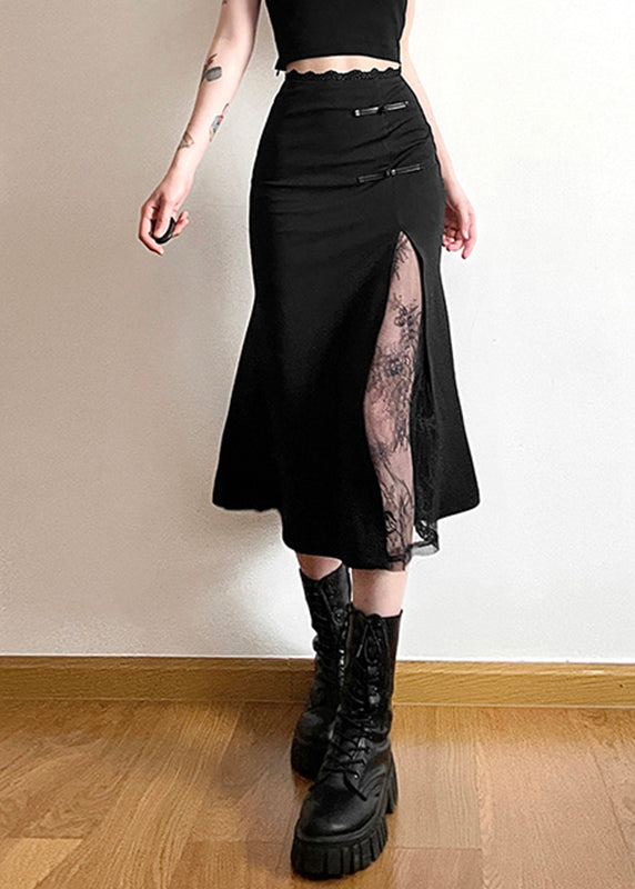 Chinese Style Black Lace Patchwor High Waist Skirt