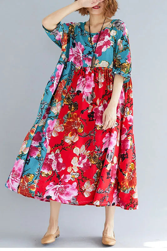 -summer Red Printed Loose Dress