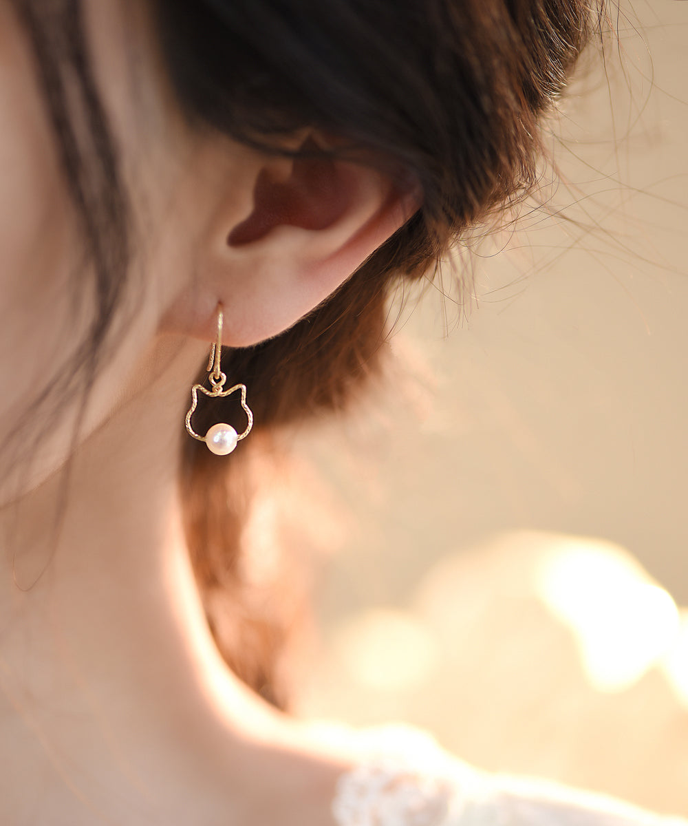 New Gold Alloy Pearl Little Cat Drop Earrings