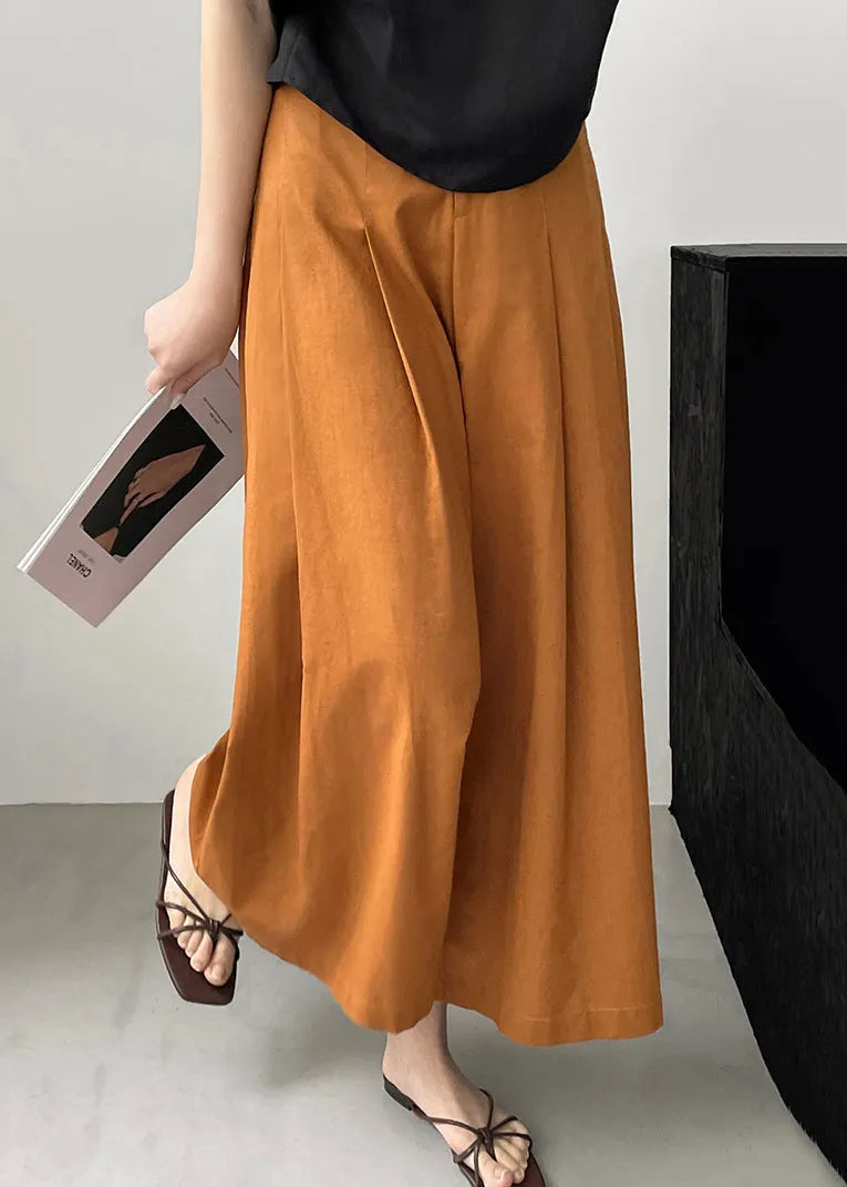New Orange Pockets Cotton Wide Leg Pants Summer