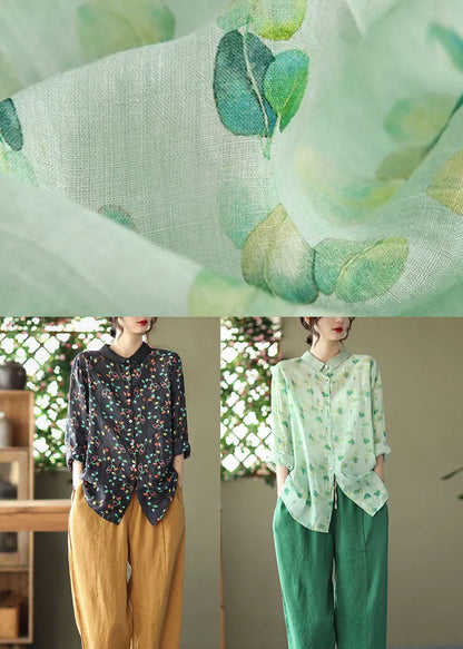 Black Ramie Loose Blouse Top Peter Pan Collar Long Sleeve