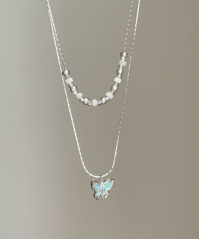 Boutique Blue Copper Crystal Butterfly Double-layer Pendant Necklace