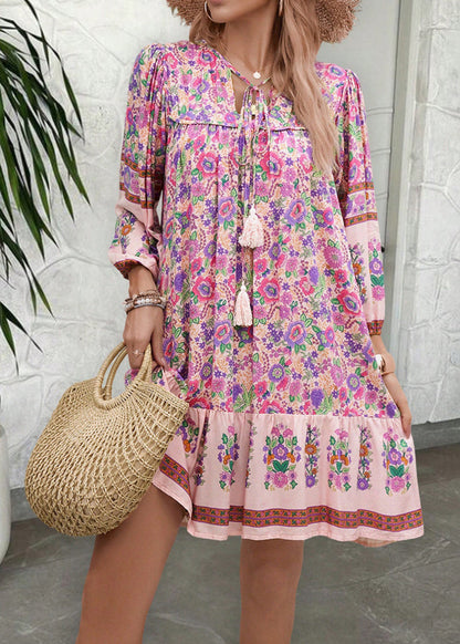 Loose Apricot Print Lace Up Cotton Mid Dress Summer