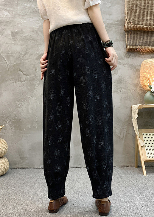 Black Print Elastic Waist Cotton Crop Pants Summer