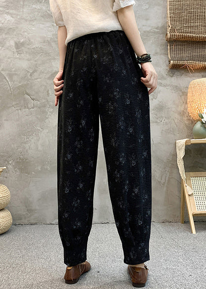 Black Print Elastic Waist Cotton Crop Pants Summer