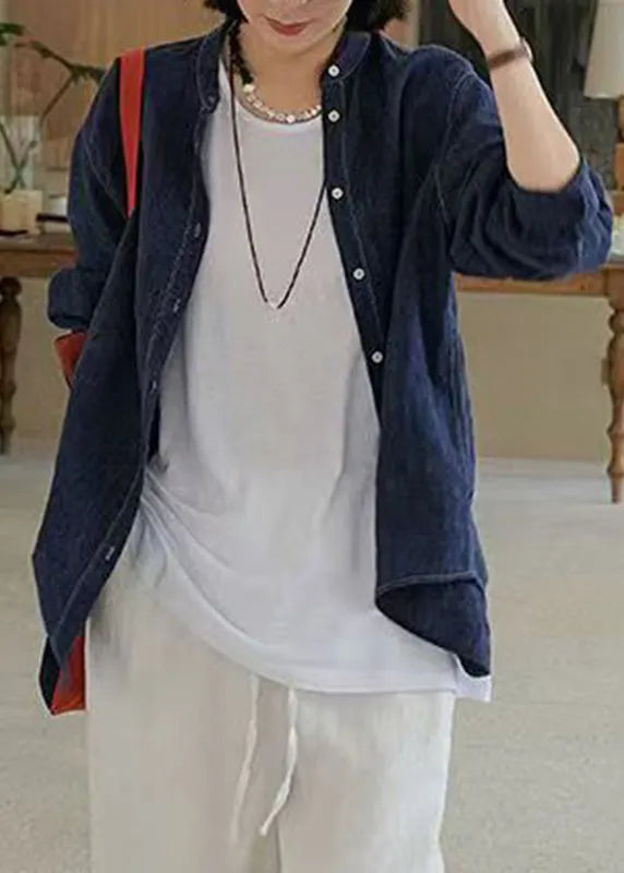 Handmade Navy O-neck Patchwork Button Coats Fall