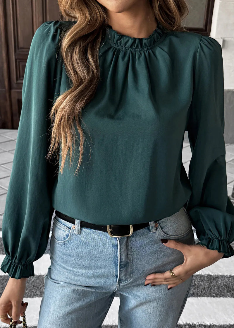 Blackish Green Ruffled Patchwork Chiffon Shirt Long Sleeve