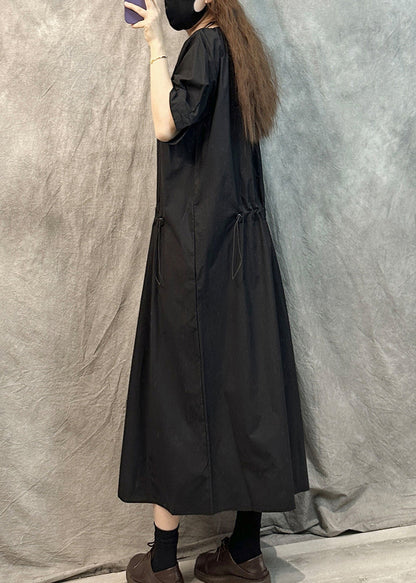 Coffee O-neck Drawstring Cotton Dresses Summer