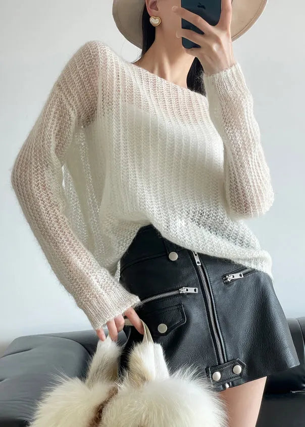 White Cozy Knit Sweater Hollow Out Winter