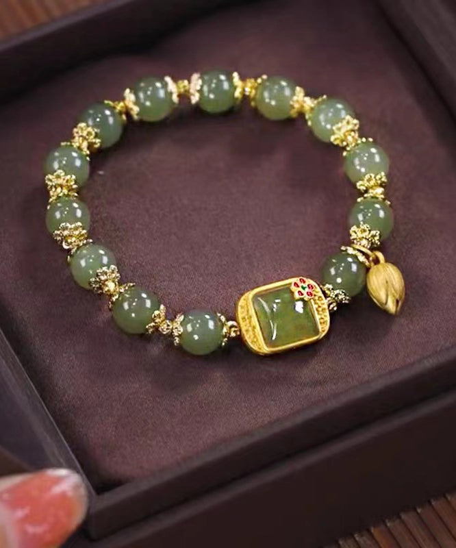 Green Sterling Silver Overgild Jade Lotus Charm Bracelet