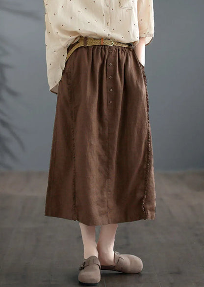 Coffee Ruffled Pockets Patchwork Linen Skirts Summer