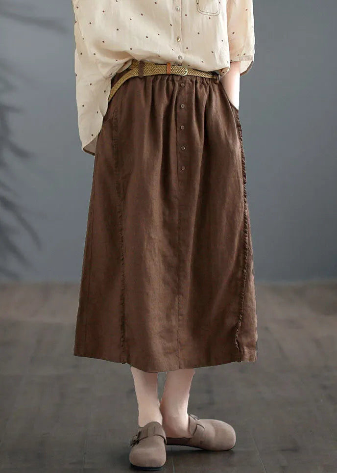 Coffee Ruffled Pockets Patchwork Linen Skirts Summer