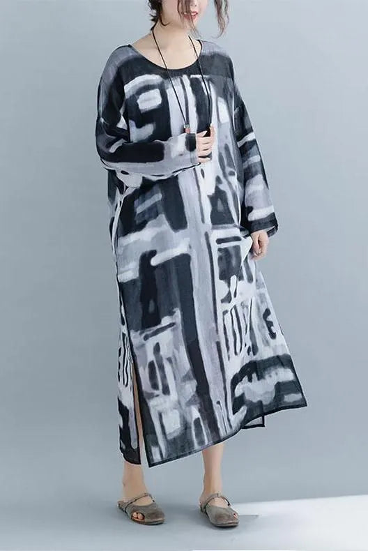 Loose Black Print Loose Linen Maxi Dresses for