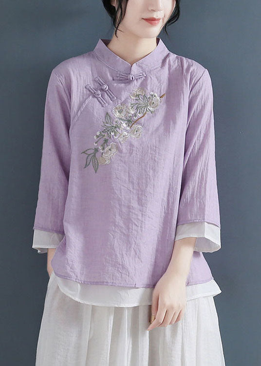 Purple Chinese Style Cotton Blouse Tops Layered Embroidered Three Quarter Sleeve
