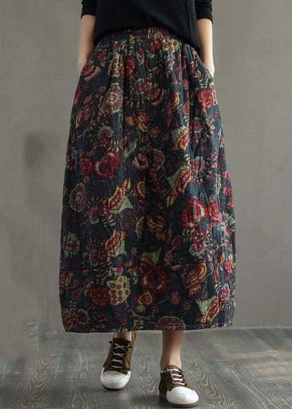 Black - Texture Elastic Waist Patchwork Print Fine Cotton Filled Skirt Winter