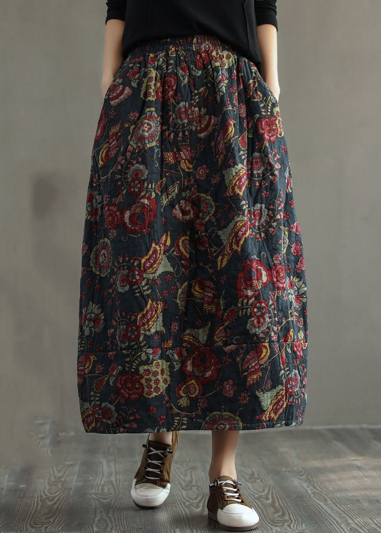 Geometry Elastic Waist Patchwork Print Fine Cotton Filled Skirt Winter